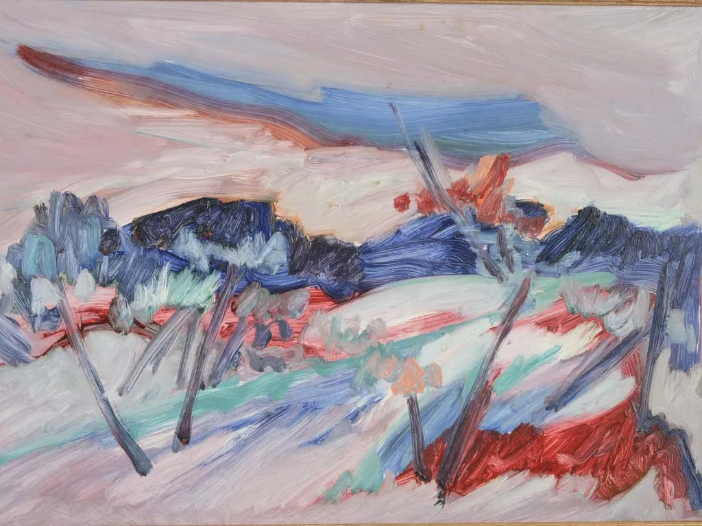 Abstract oil-on-canvas colorful French country scene by Roger Oulion - French Country 19" x 23¾"