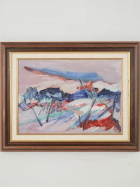 Abstract oil-on-canvas colorful French country scene by Roger Oulion - French Country 19" x 23¾"