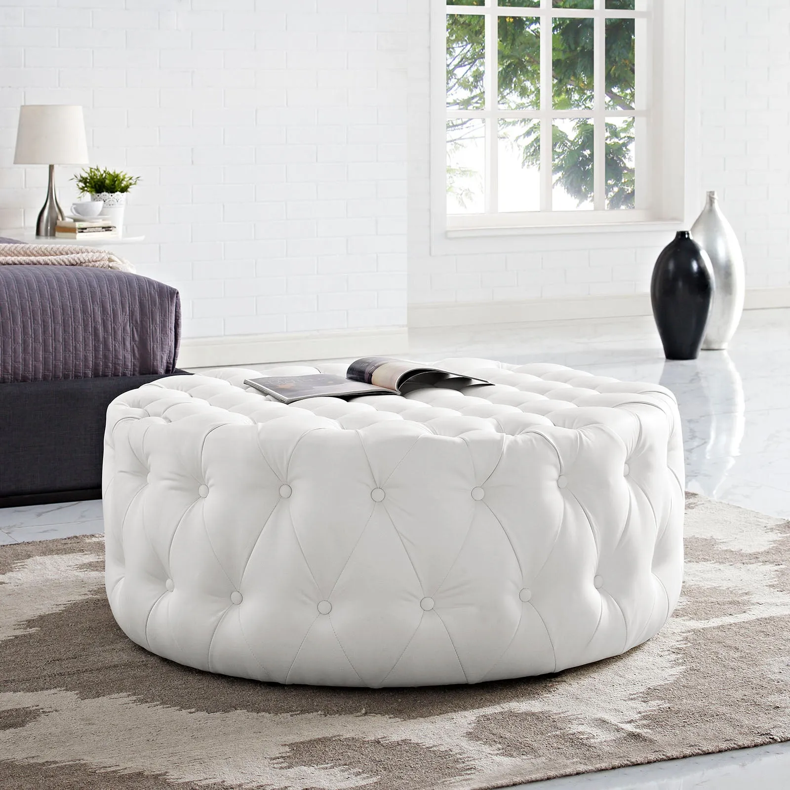 Amour Upholstered Vinyl Ottoman White EEI-2224-WHI