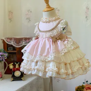 Beyao Lolita Girl Princess Dress Spanish Dress Pink Children's Dress Birthday Tulle Tutu Skirt Dress