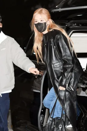 Blackpink Rose Black Leather Long Coat