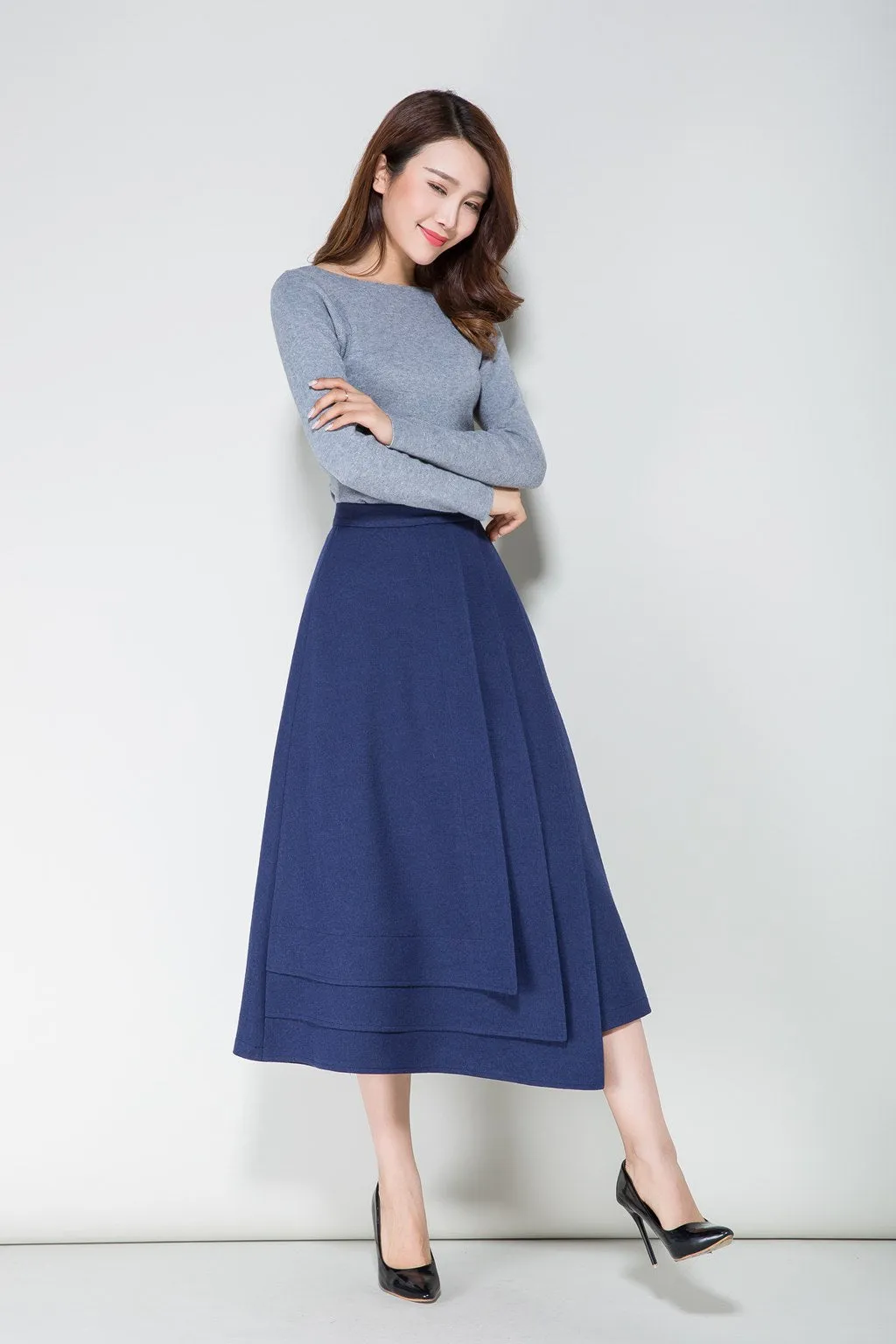 blue skirt, wool skirt, tiered skir 1712#