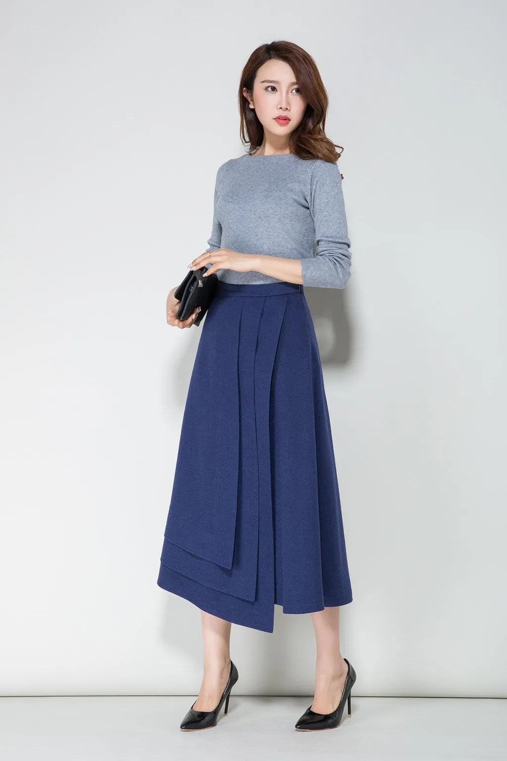 blue skirt, wool skirt, tiered skir 1712#