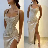 Champagne Prom Dresses Strapless Beads Top Evening Dress Split Formal Long Special Occasion Party dress