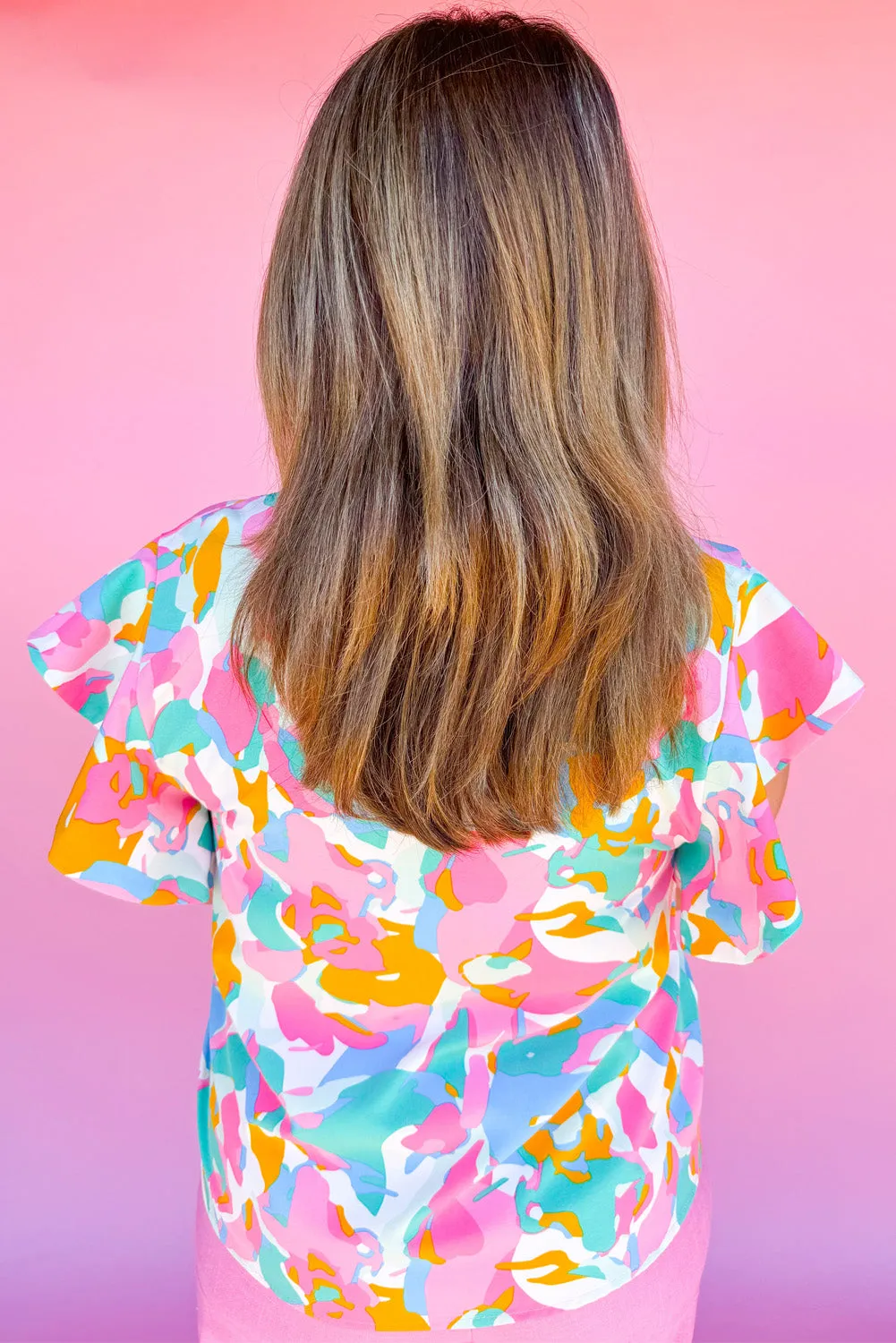 Multicolour Abstract Print Smocked Neck Ruffle Plus Blouse