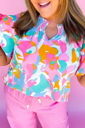 Multicolour Abstract Print Smocked Neck Ruffle Plus Blouse