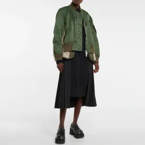 Oversized Layered Faux Wool Panel Drawstring Zip Up Bomber Jacket - Army Green