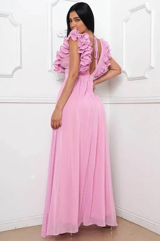 Pink Layered Ruffle On The Side Maxi Dress