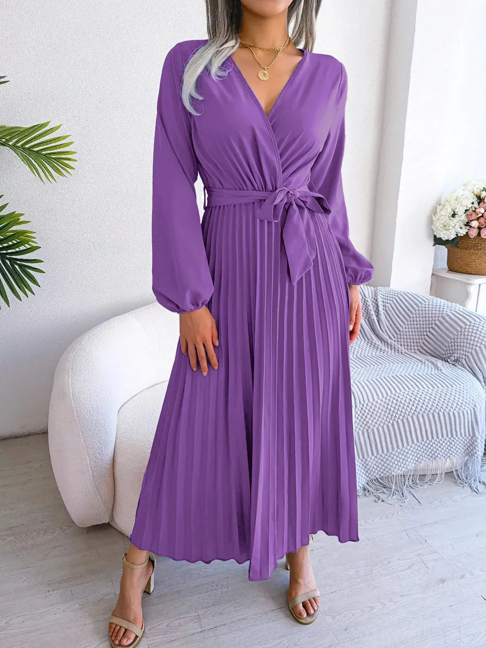 Temperament Dress Bohemian Ethnic Style Cross V-neck Pleated Skirt