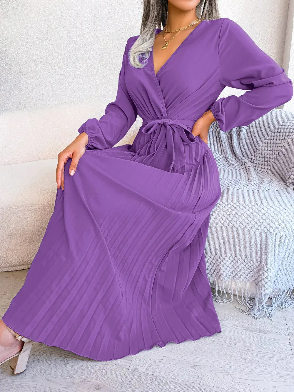 Temperament Dress Bohemian Ethnic Style Cross V-neck Pleated Skirt