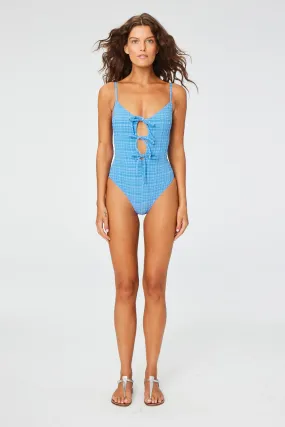 THE THREE TIE MAILLOT in BLUE STRIPED SEERSUCKER