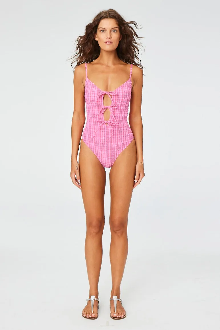 THE THREE TIE MAILLOT in FUCHSIA STRIPED SEERSUCKER