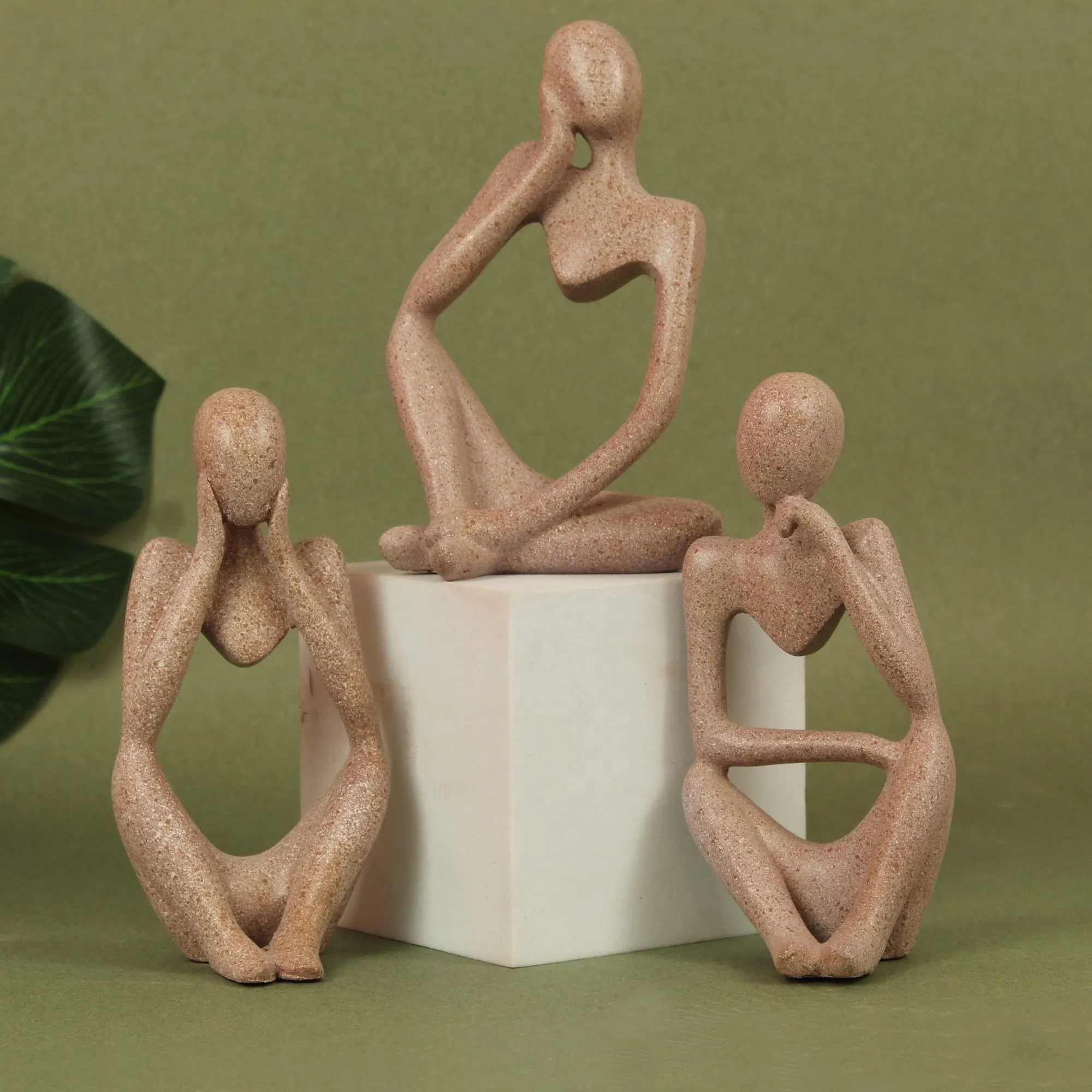 TIED RIBBONS Resin Decorative Thinker Men Statue Set Of 3 Modern Art Showpiece Sculpture Abstract (Beige, 13 Cm X 6 Cm) Decoration Items For Home Decor Living Room Bedroom Bookshelf Table Office Gift