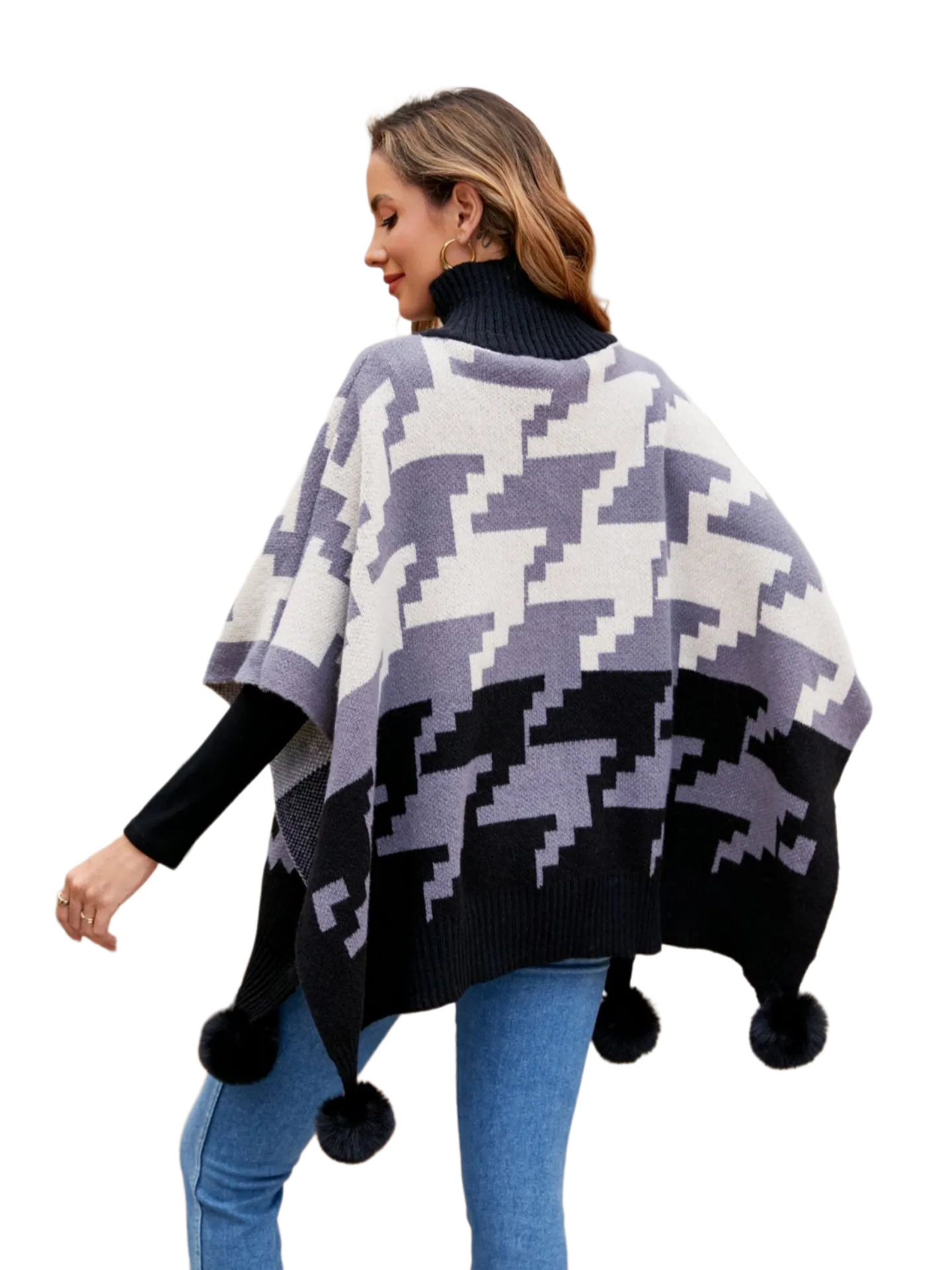Turtleneck Pom-Pom Trim Poncho