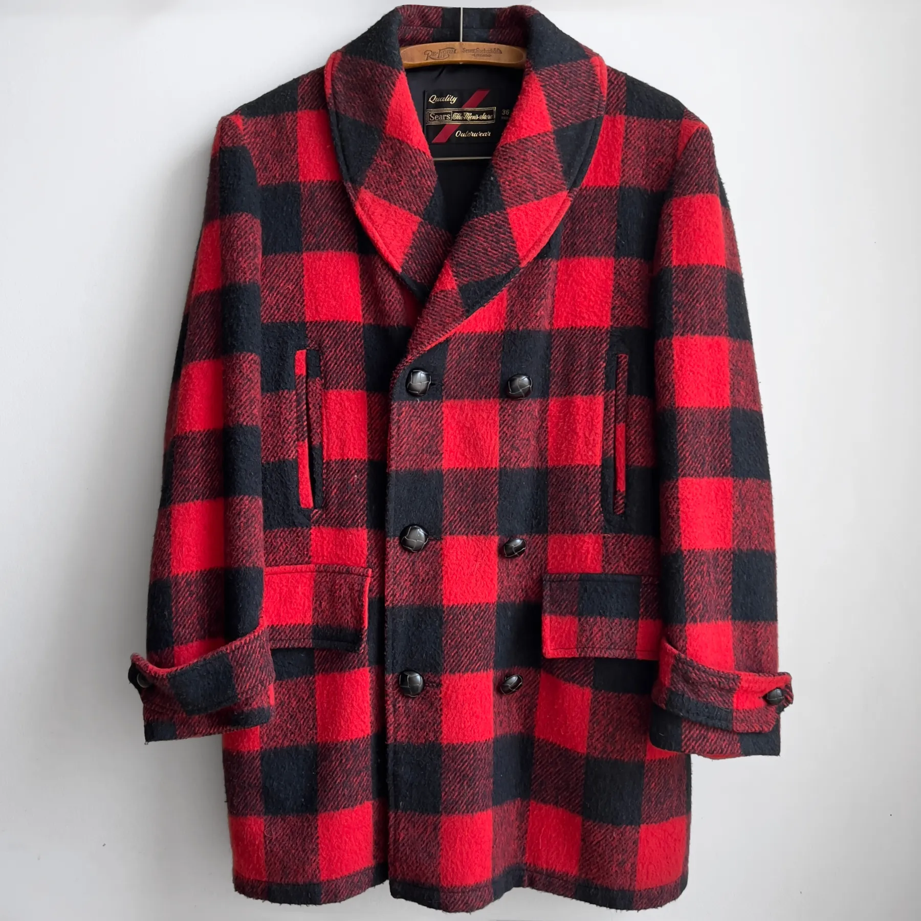 Vintage 1960s Red & Black Plaid Heavy Wool Peacoat