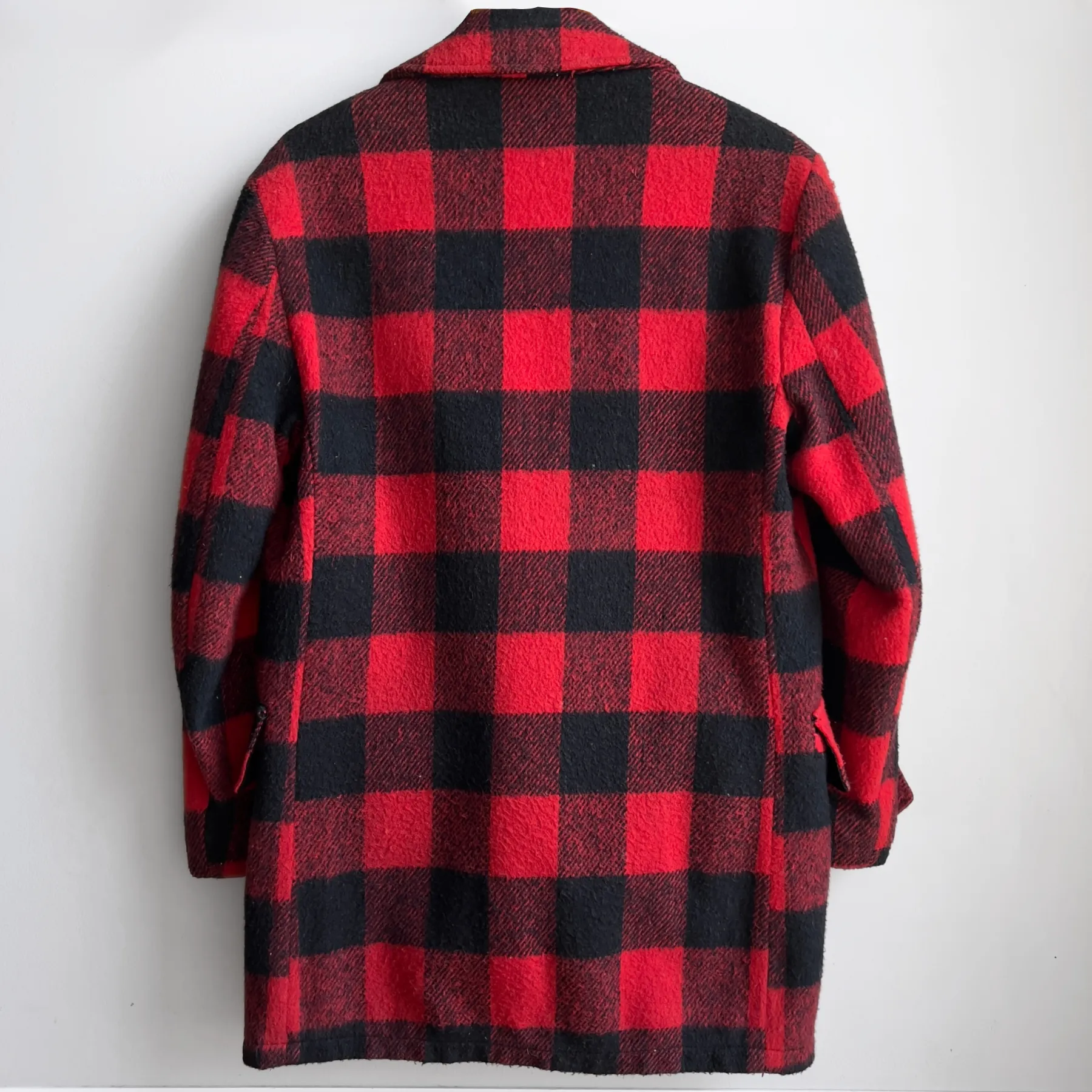 Vintage 1960s Red & Black Plaid Heavy Wool Peacoat