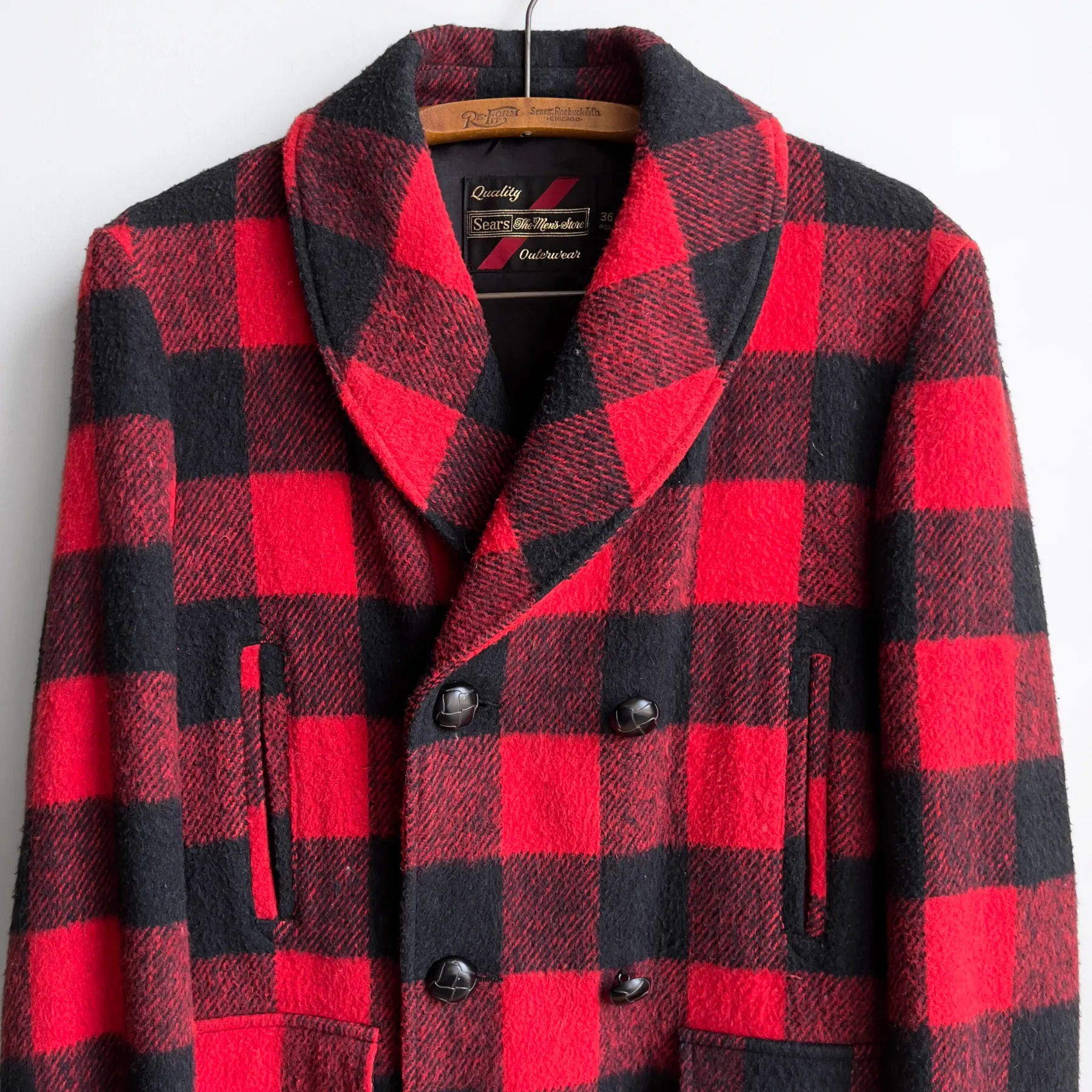 Vintage 1960s Red & Black Plaid Heavy Wool Peacoat