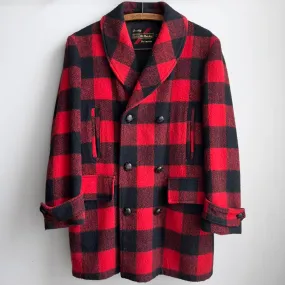Vintage 1960s Red & Black Plaid Heavy Wool Peacoat
