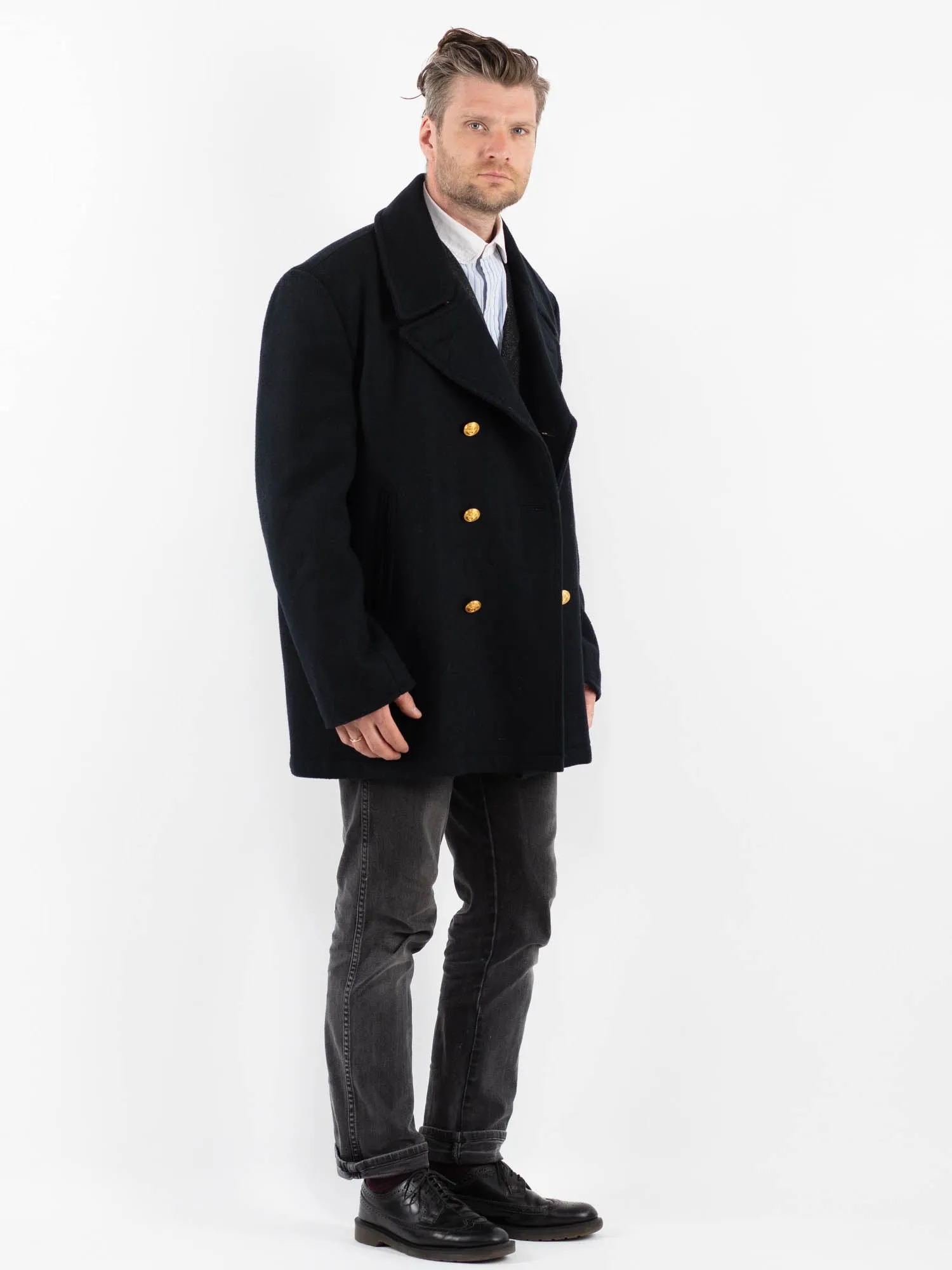 Vintage 70's Men US Navy Wool Peacoat in Blue
