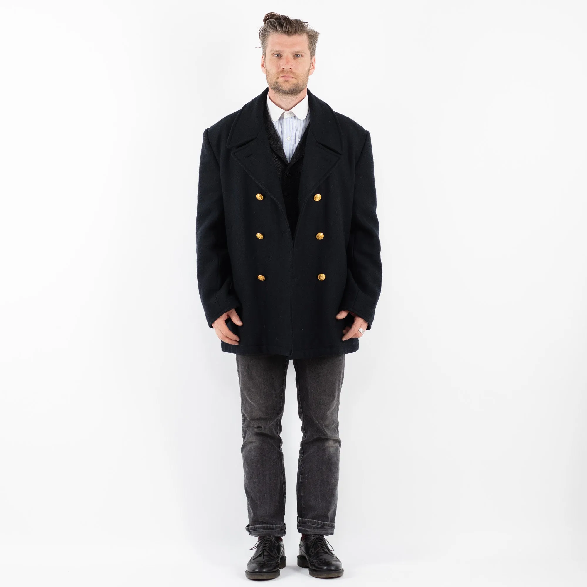 Vintage 70's Men US Navy Wool Peacoat in Blue