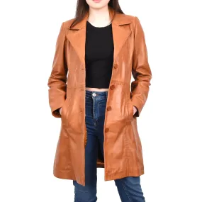 Women's 3/4 Length Soft Leather Classic Coat Tan Trenzia