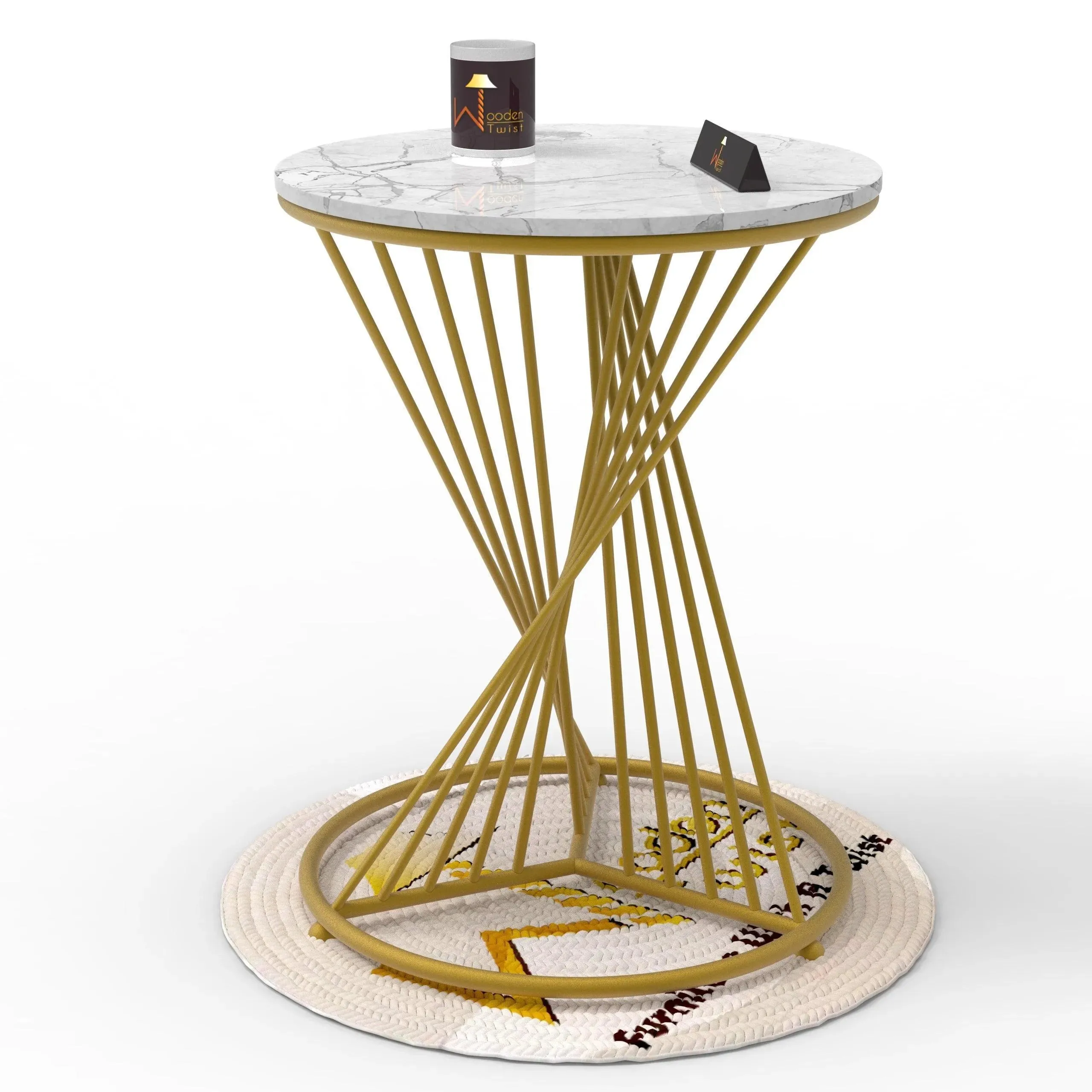 Wooden Twist Abstract Rays Style Wrought Iron Round End Table ( Golden )