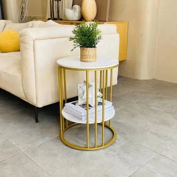 Wooden Twist Spiffy Wrought Iron 1-Tier Round End Table ( Golden )