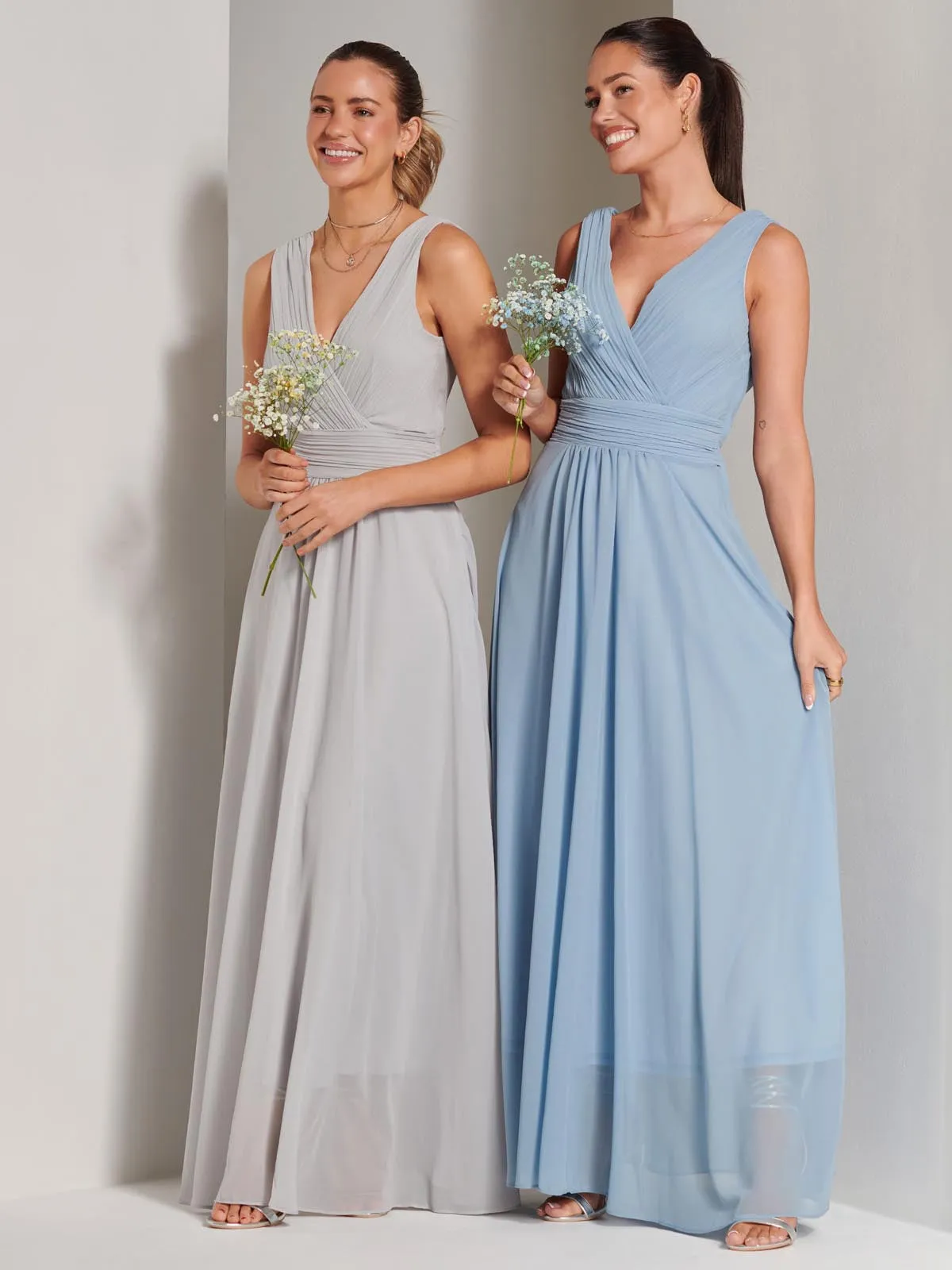 Wrap Bodice Chiffon Maxi Dress, Dusty Blue
