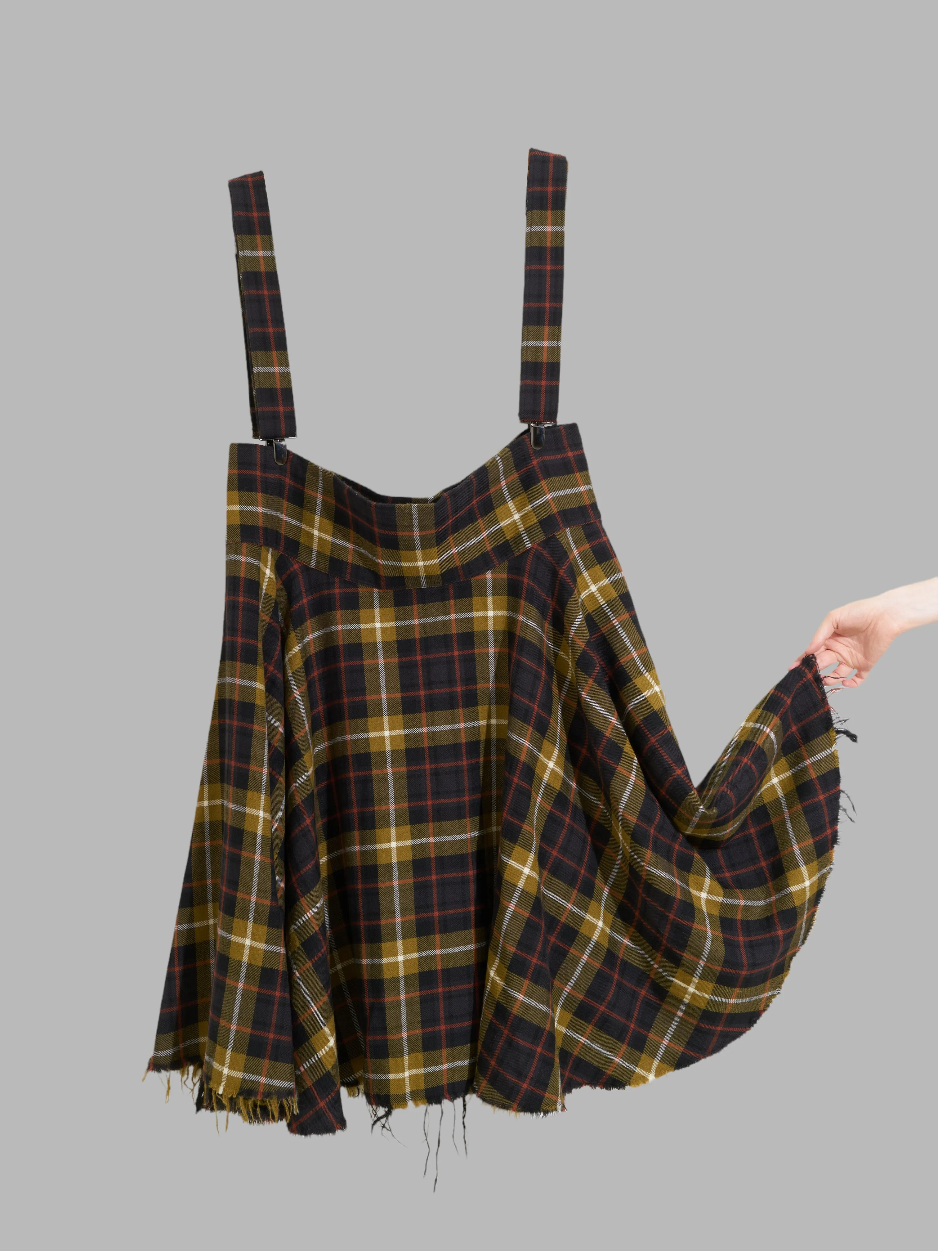 Y’S Yohji Yamamoto yellow plaid wool raw hem suspender skirt - M